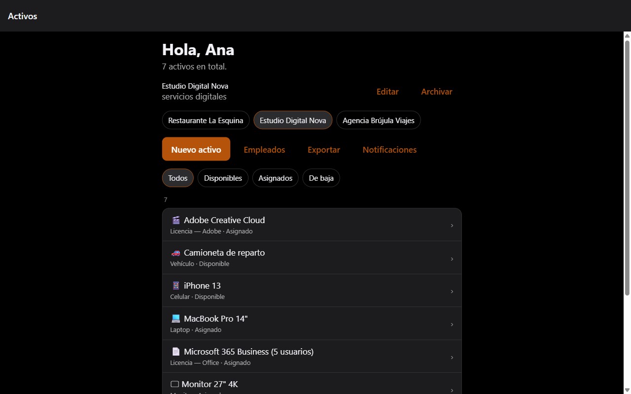 Chakbal en una computadora: lista de activos de un negocio con laptops, monitores y licencias