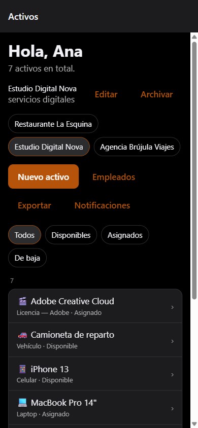 Chakbal en un celular: activos del negocio y su estado