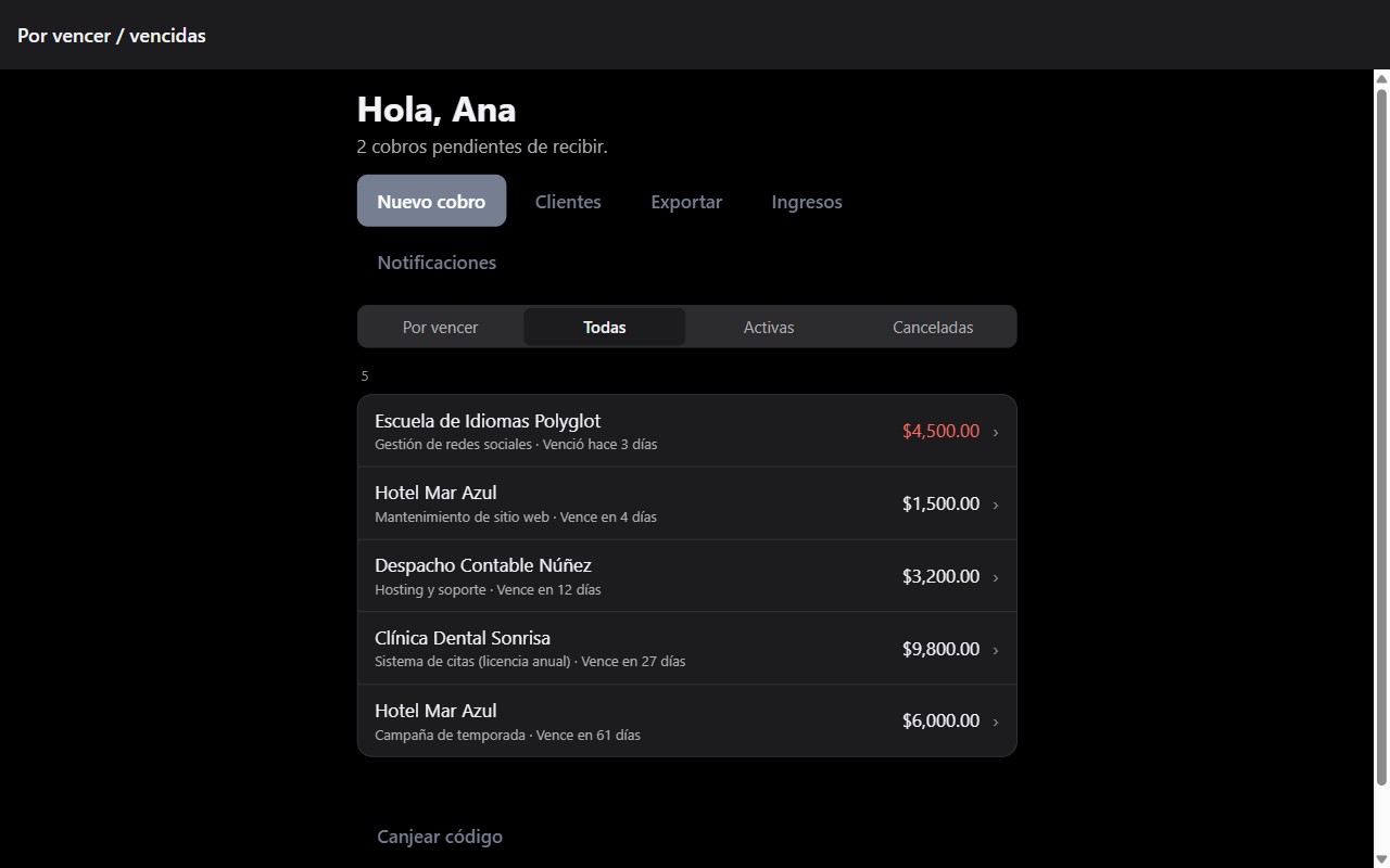 Koolcollect en una computadora: cobros recurrentes por cliente con sus vencimientos