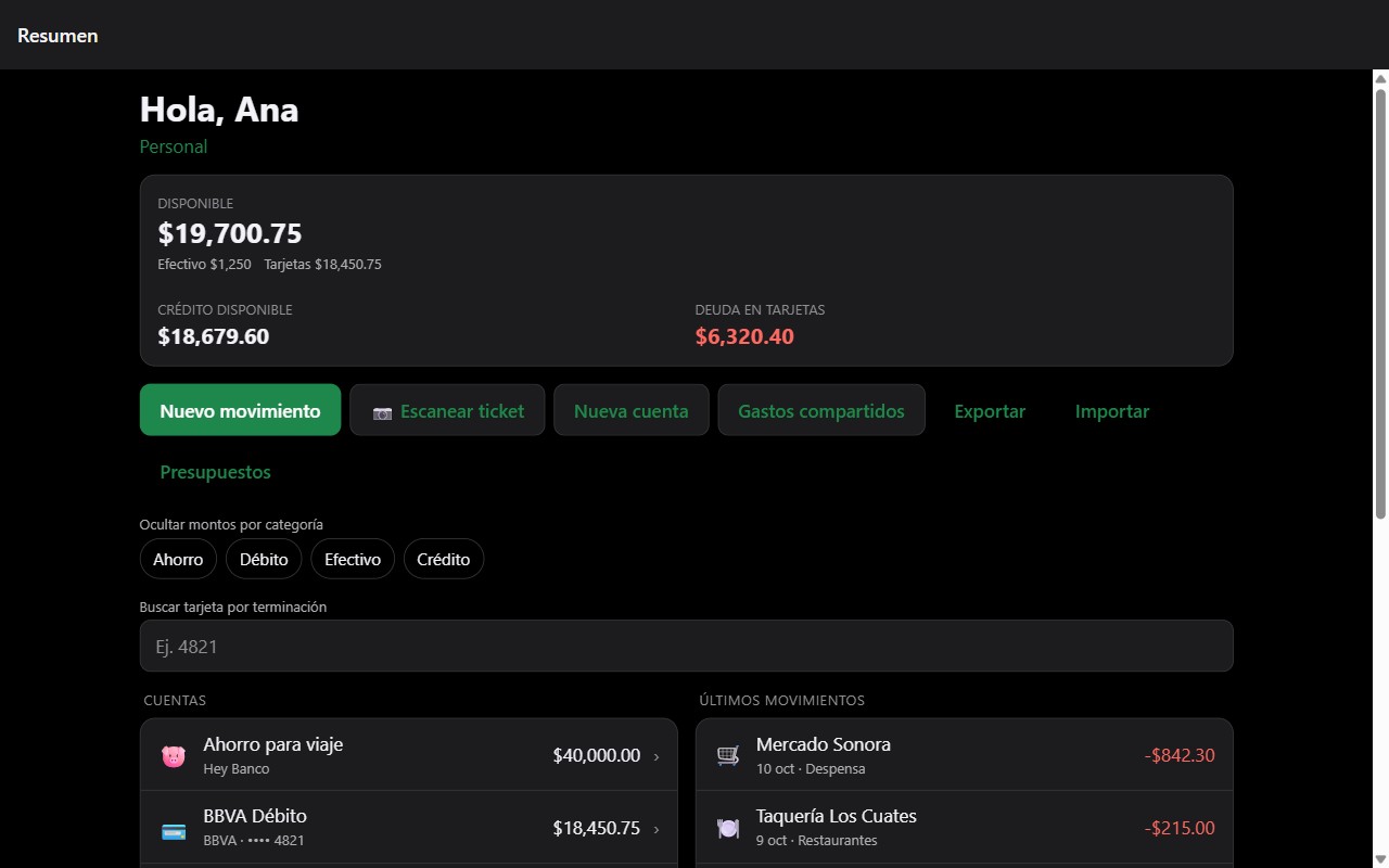 TaanWallet en una computadora: saldo disponible, cuentas y últimos movimientos en dos columnas