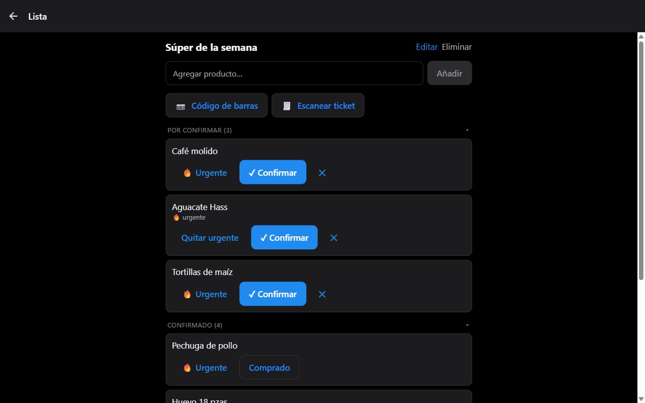 Tzibal en una computadora: lista de compras compartida con productos por confirmar
