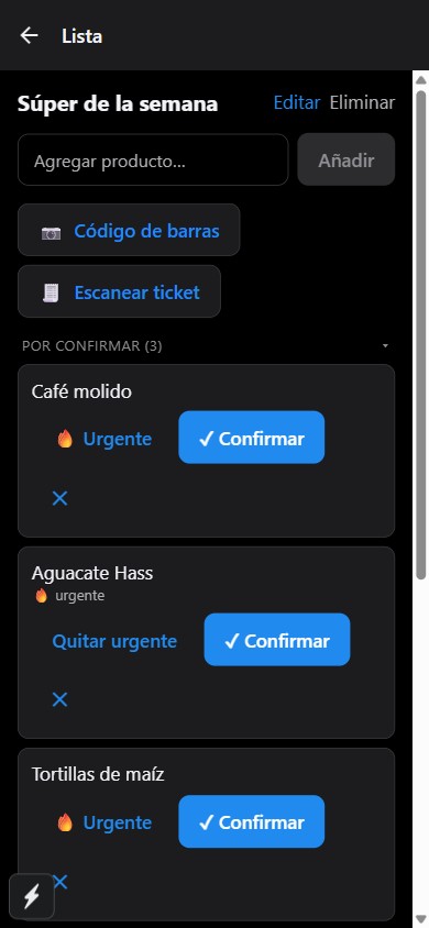 Tzibal en un celular: lista de compras con productos por confirmar