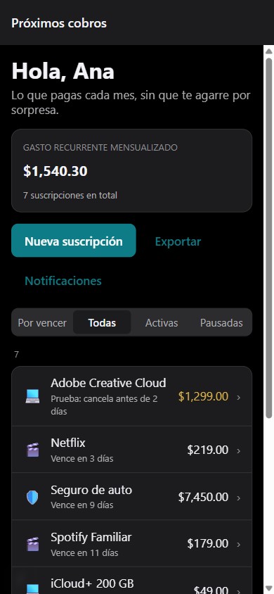 Xíimbal en un celular: suscripciones con próximos cobros